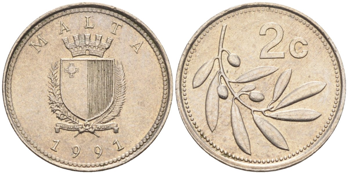 Мальта 2 цента 1991 оливковая ветвь KM 94 медно-никель 4585-1269
