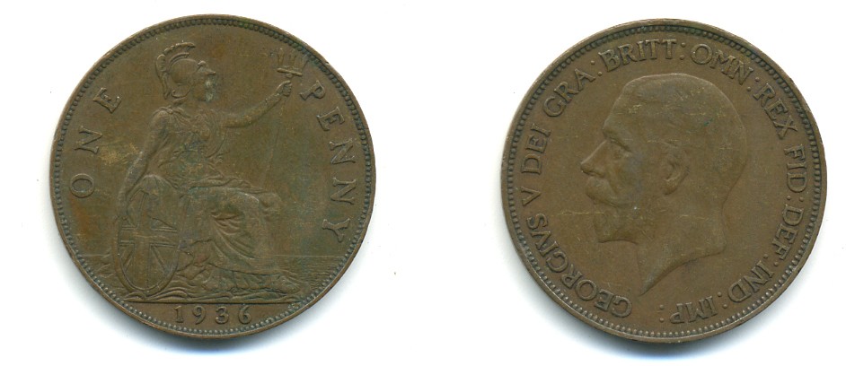 Великобритания 1 пенни 1936 Георг V (1910-1936) KM 838, Spink 4055 бронза 80-1025