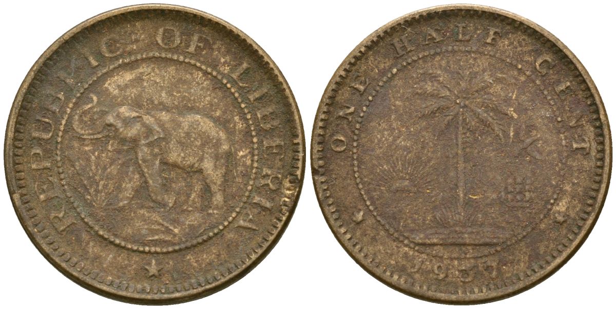 Либерия 1/2 цента 1937 KM 10 латунь 4174-456