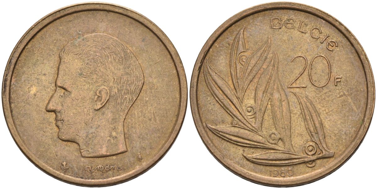 Бельгия 20 франков 1980 Belgie, Бодуэн I (1951-1993) KM 160 никель бронза 4126-225