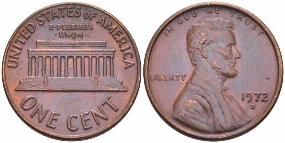 США 1 ЦЕНТ 1972 D, ЛИНКОЛЬН KM 201 медь цинк 105-625