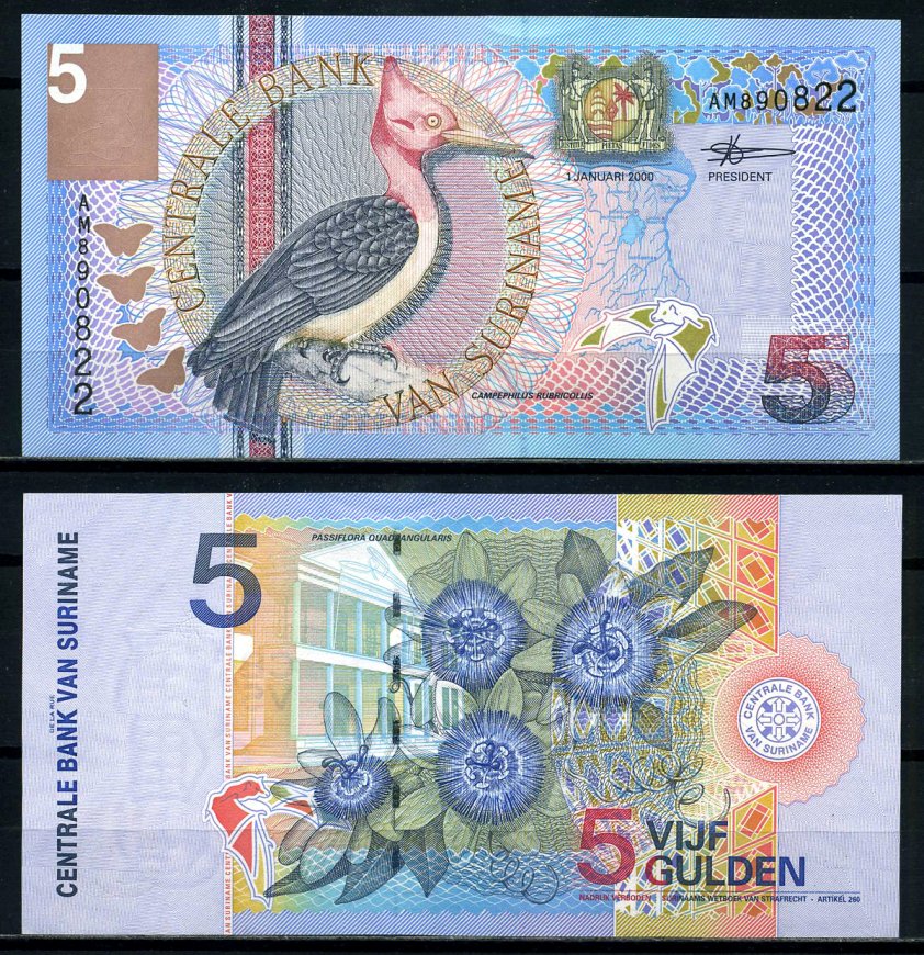 Суринам 5 гульденов 2000 птица Red-necked woodpecker, TDLR Pick 146 бумага UNC (пресс) 6285-47-2-1
