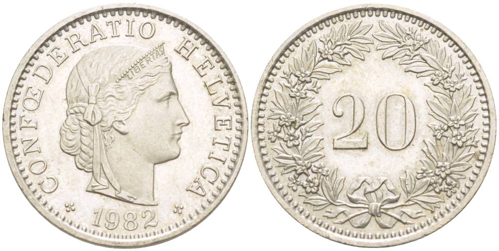 Швейцария 20 раппенов 1982 KM 29а медно-никель 4544-331