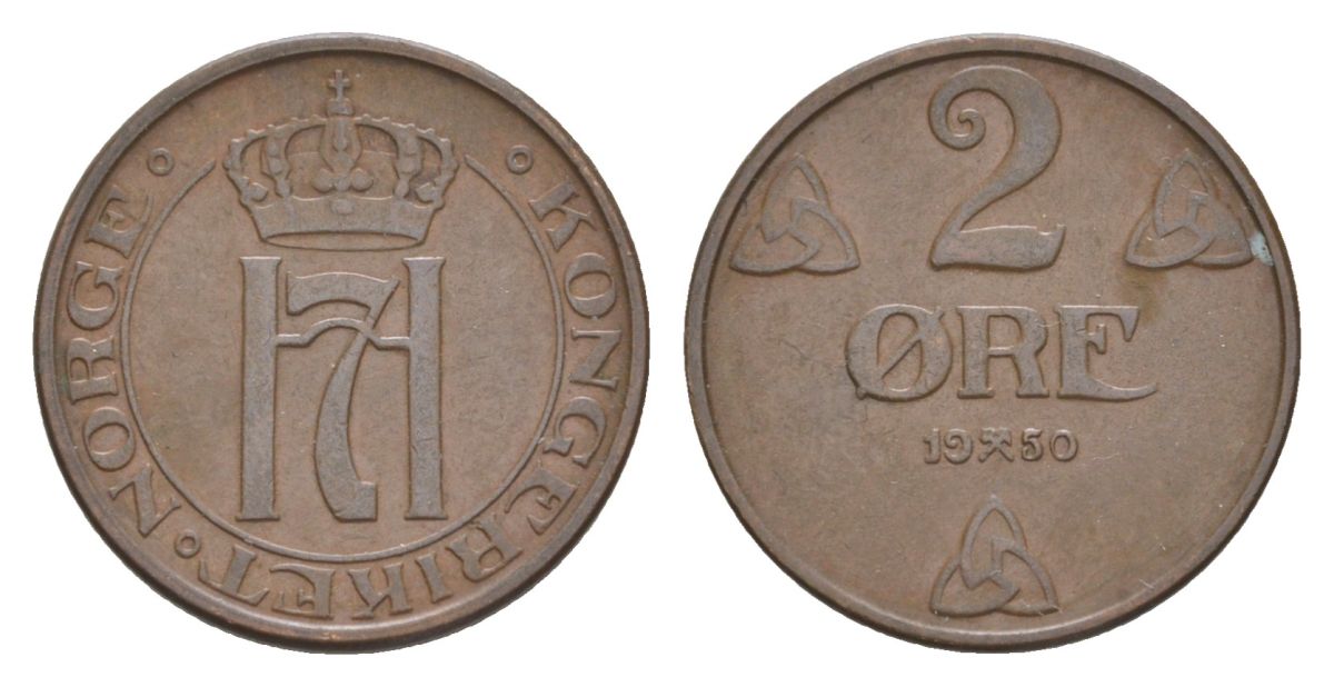 Норвегия 2 эре 1950 Хокон VII (1905-1957) KM 371 бронза 4635-322