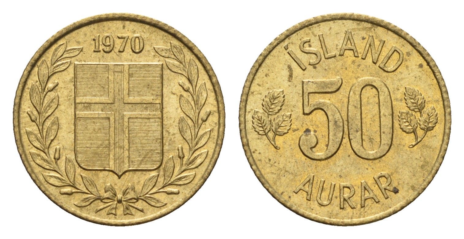 Исландия 50 эйре 1970 KM 17 никель латунь UNC 4690-555