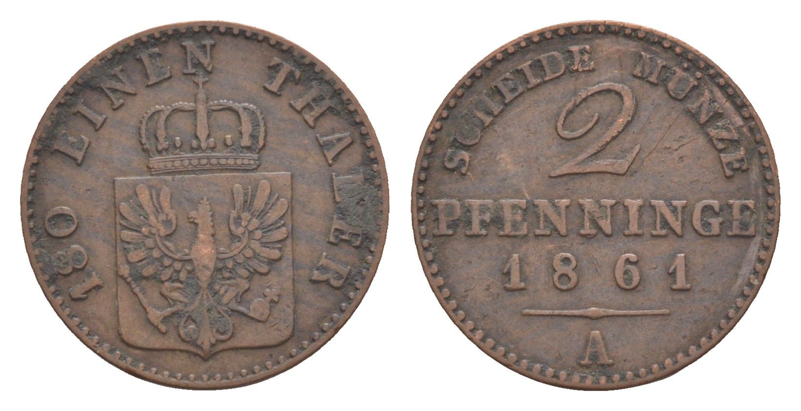Пруссия 2 пфеннига 1861 A, Вильгельм I (1861-1888) KM 481, Jaeger 51, AKS 107, Olding 425 медь 4651-235