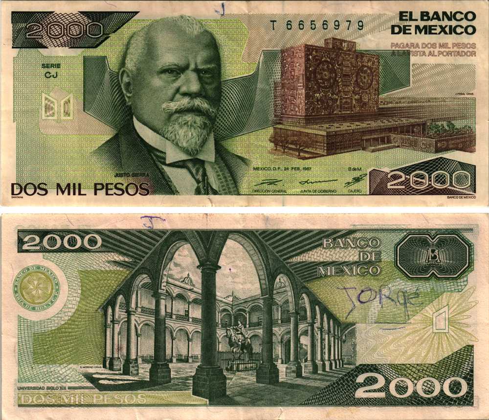 МЕКСИКА 2000 ПЕСО 1987 24 ФЕВРАЛЯ 1987, СЕРИЯ CJ, ХУСТО СЬЕРРА Pick 86b бумага 8608-32-2