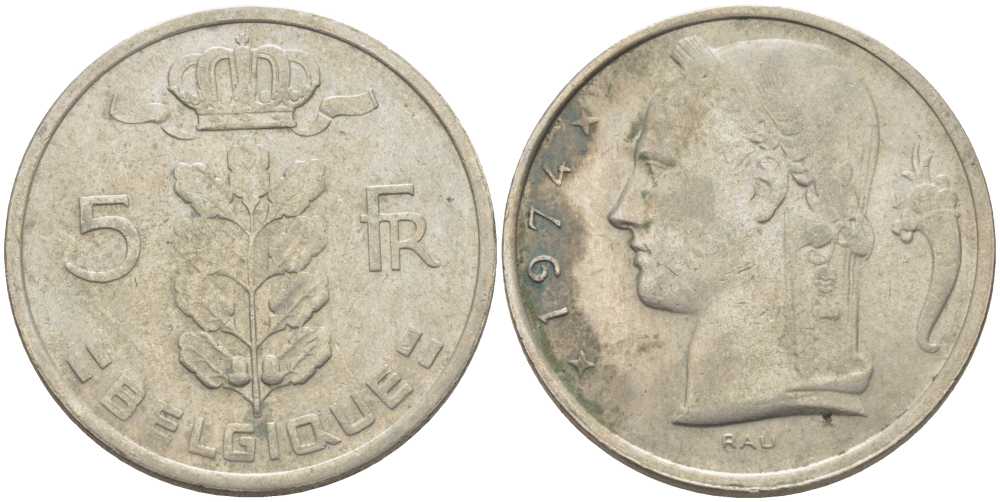 БЕЛЬГИЯ 5 ФРАНКОВ 1974 BELGIQUE, БОДУЭН I (1951-1993) KM 134.1 медно-никель 119-732