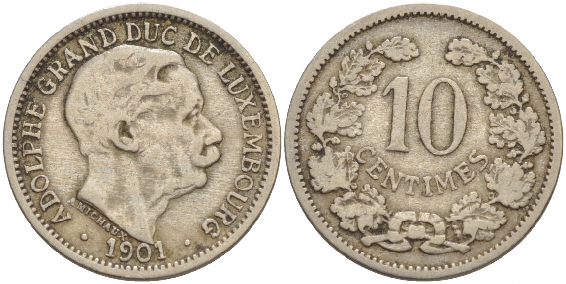 ЛЮКСЕМБУРГ 10 САНТИМОВ 1901 АДОЛЬФ (1890-1905) KM 25 медно-никель 4548-811