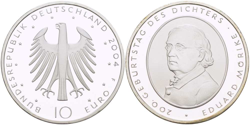 ФРГ 10 евро 2004 F, 200 лет со дня рождения Эдуарда Мёрике KM 233, DE.S. 10.16 серебро PROOF 1085-5-52