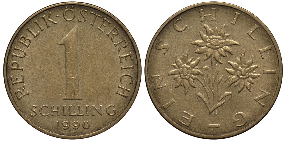 АВСТРИЯ 1 ШИЛЛИНГ 1990 KM 2886 алюминиевая бронза 4182-326
