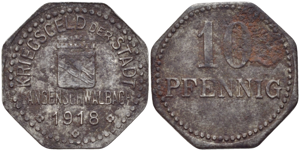 БАД-ШВАЛЬБАХ 10 ПФЕННИГОВ 1918 КРИГСГЕЛЬД, НОТГЕЛЬД, ГОРОД ШВАЛЬБАХ, КУРОРТНЫЙ ГОРОД В ПРУССИИ жезезо 31-1254