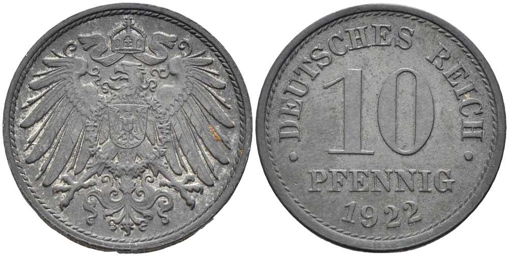 ГЕРМАНИЯ 10 ПФЕННИГОВ 1922 KM 26, J. 299 цинк 4401-217