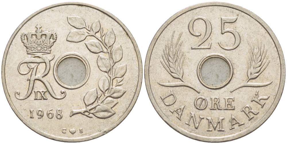 Дания 25 эре 1968 С;S, Фредерик IX (1947-1972) KM 855.1 медно-никель 4551-1253
