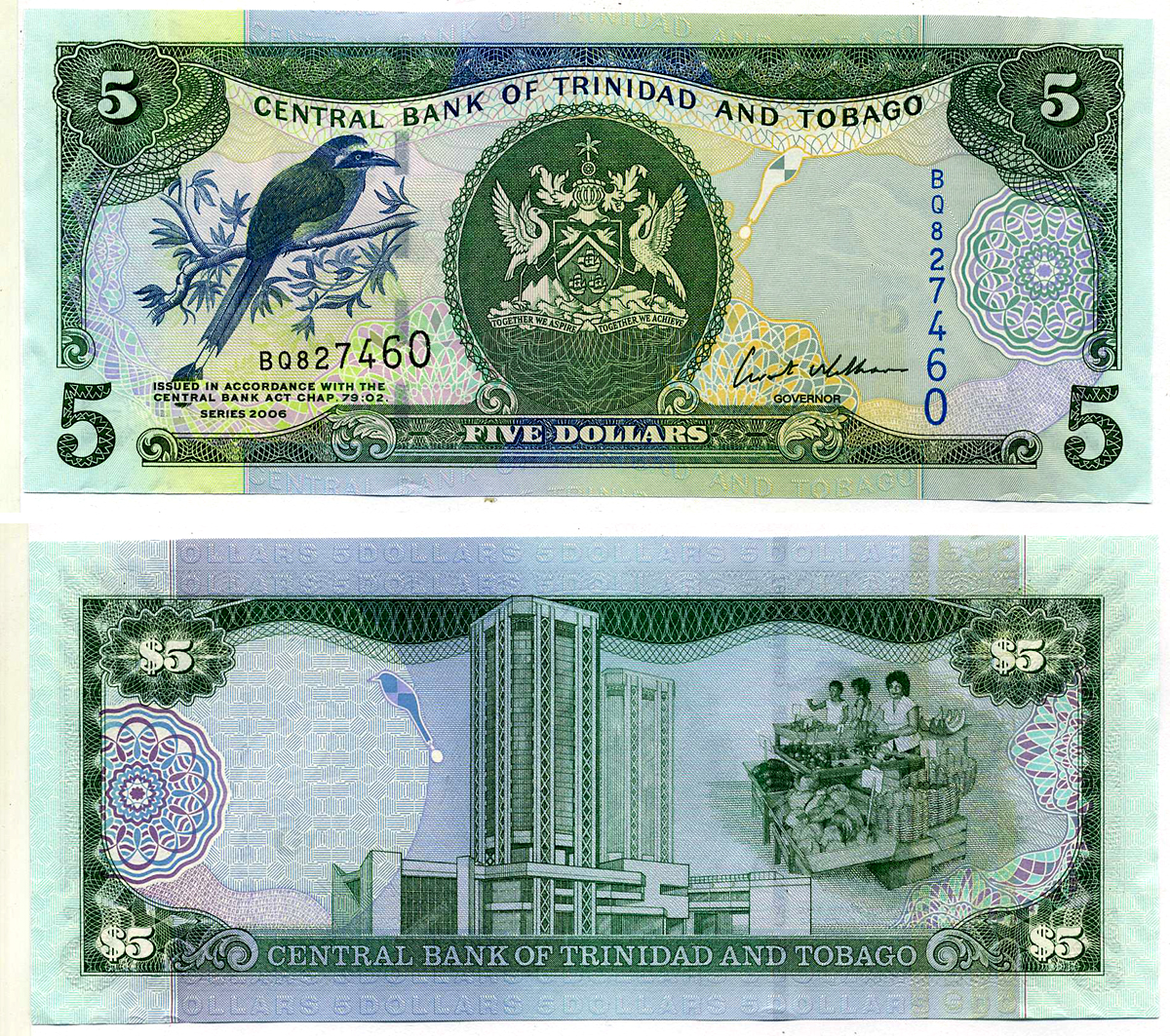 Тринидад и Тобаго 5 долларов 2006 подпись 8, номер синий, TDLR Pick 47 бумага UNC (пресс) 2197-18-3-1