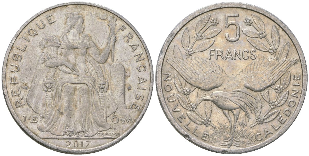 Французская Новая Каледония 5 франков 2017 птица кагу, (IEOM) KM 16, Schoen 12, Lec 81k алюминий 4120-124