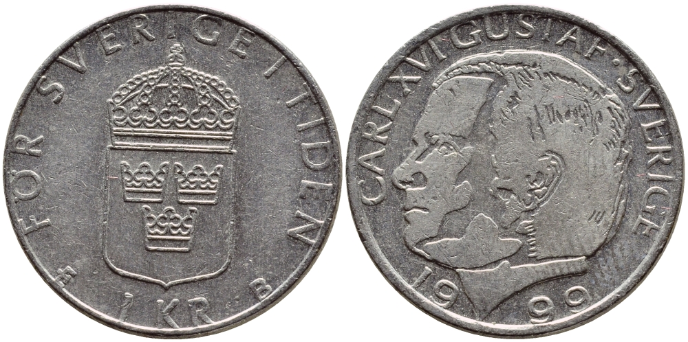Швеция 1 крона 1999 Карл XVI Густав (1973- ) KM 852a медно-никель 4610-1043