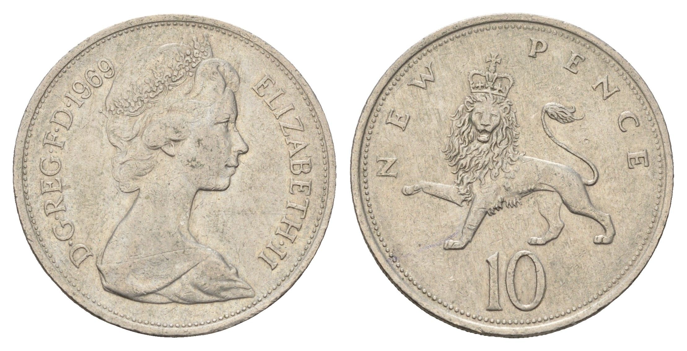 Великобритания 10 пенсов 1969 Елизавета II (1952-2022) KM 912, Spink 4231 (F1) медно-никель 4673-922