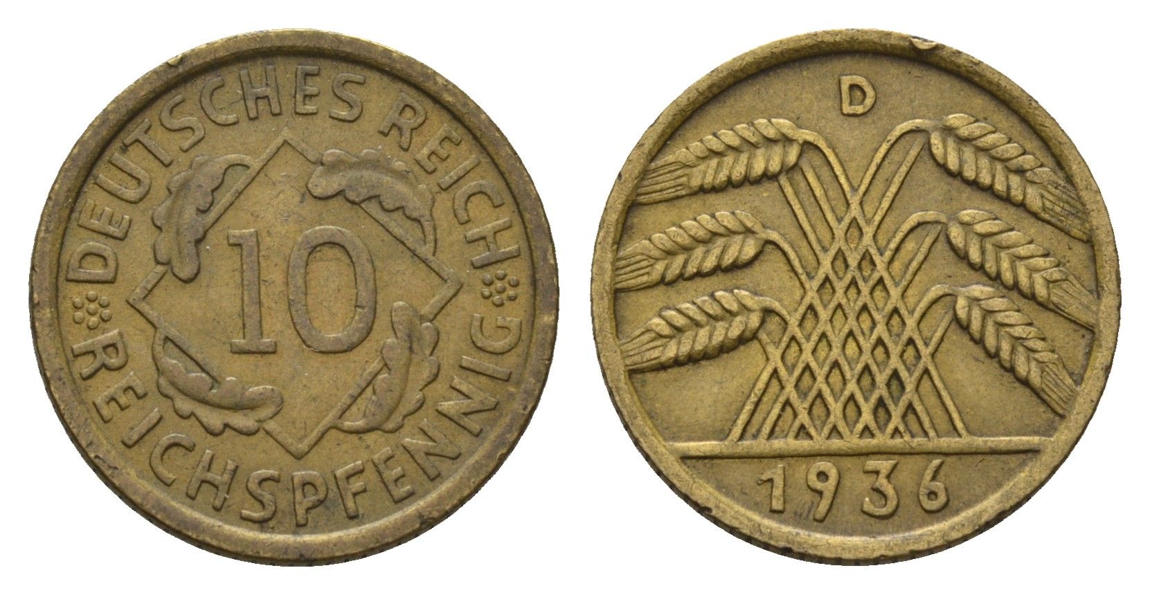 Германия 10 рейхспфеннигов 1936 D KM 40, J. 317, Weege 9 алюминиевая бронза 4702-346