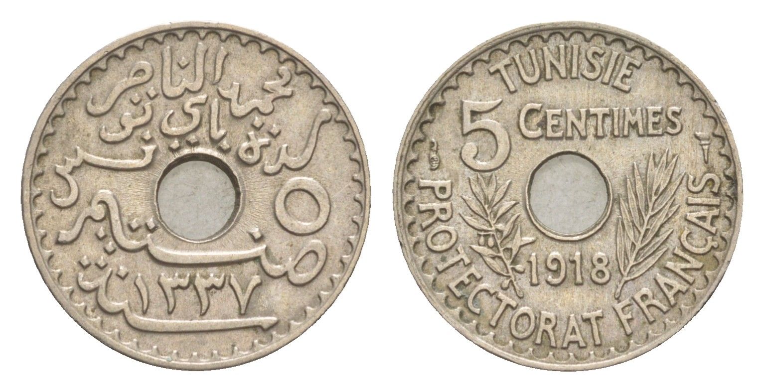 Тунис 5 сантимов 1918 A KM 242 никель латунь aUNC 1526-212