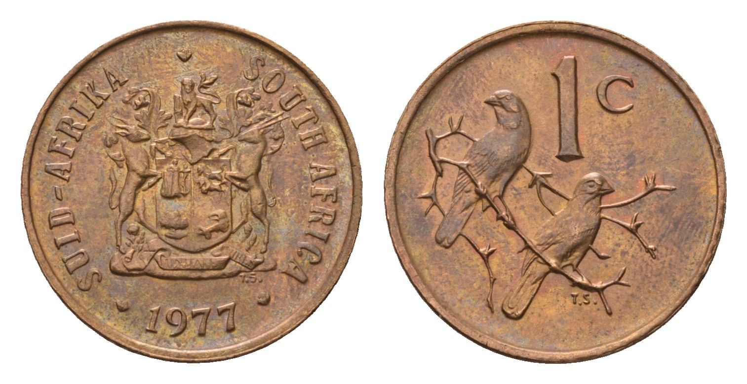 ЮАР 1 цент 1977 герб, капские воробьи KM 82 бронза UNC 4690-1224