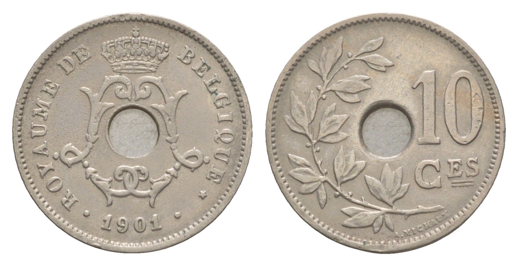 Бельгия 10 сантимов 1901 Belgique, Леопольд I (1865-1909) KM 48 медно-никель 603-1115