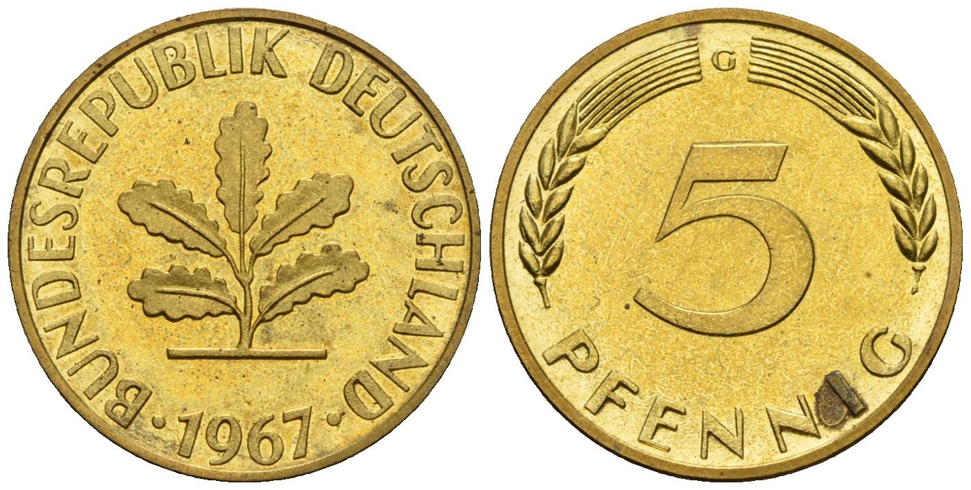 ФРГ 5 пфеннигов 1967 G KM 107, J. 382 сталь плакированная латунью PROOF 1094-7-22