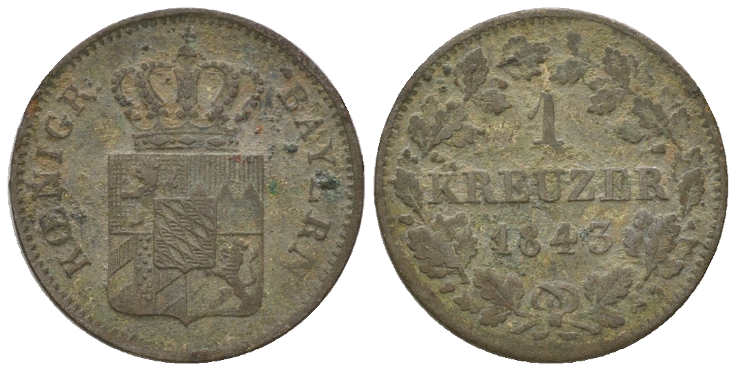 Бавария 1 крейцер 1843 Людвиг I (1825-1848) KM 422, AKS 88 серебро 4615-1222
