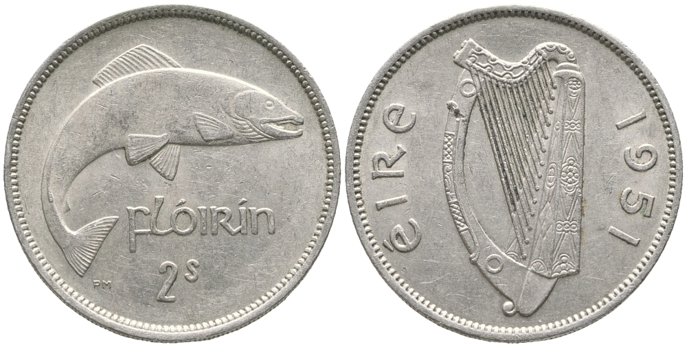 ИРЛАНДИЯ 2 ШИЛЛИНГА = ФЛОРИН 1951 ЛОСОСЬ KM 15а медно-никель 46-2637
