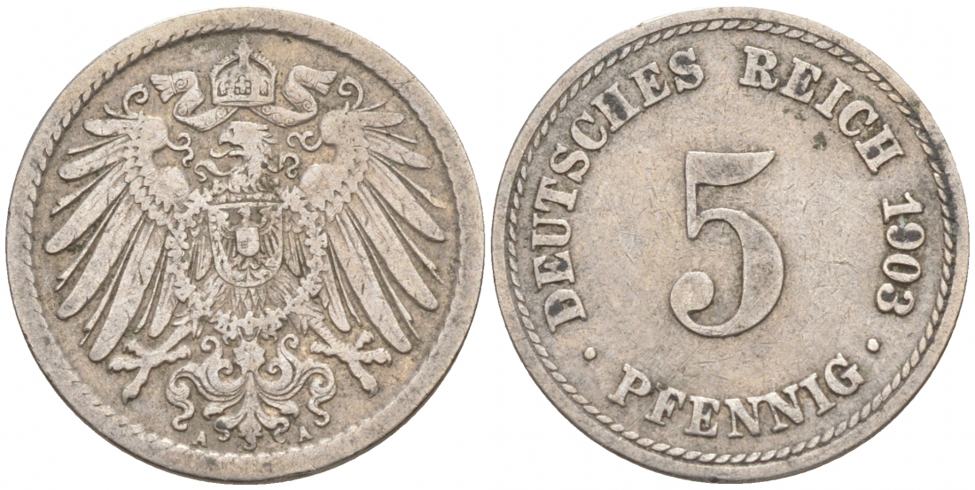ГЕРМАНИЯ 5 ПФЕННИГОВ 1903 A, KM 11, J. 12 медно-никель 73-1745