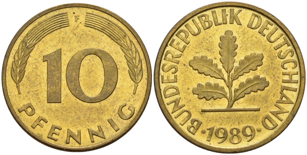 ФРГ 10 пфеннигов 1989 F KM 108, J. 383 сталь плакированная латунью 4163-1113