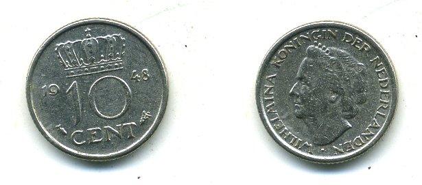 Нидерланды 10 центов 1948 Вильгельмина (1895-1948) KM 177 никель 54-1132