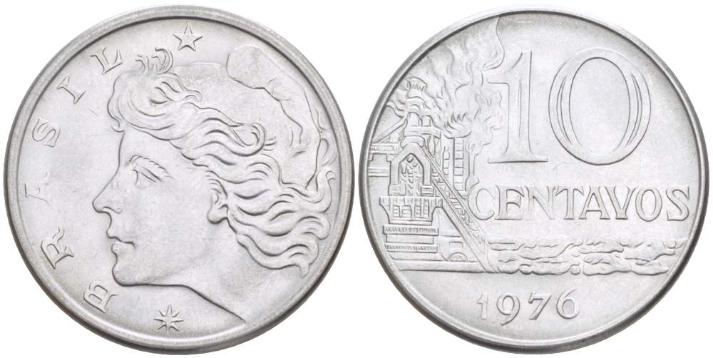 Бразилия 10 сентаво 1976 KM 578.1a, Schon 83b нержавеющая сталь 4529-357