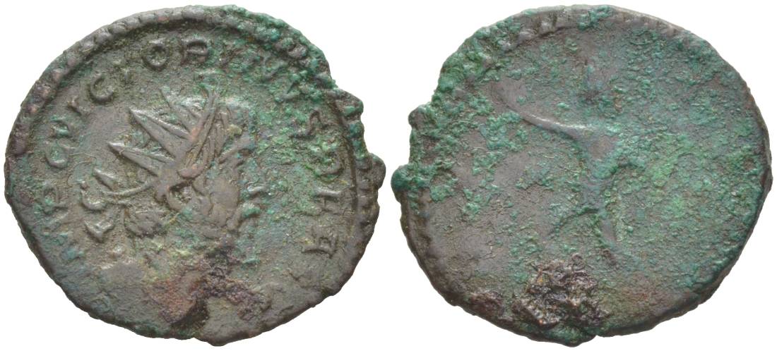 Римская Империя, императоры в Галлии антониниан 269 - 271 Викторин, IMP C VICTORINVS P F AVG, бюст императора / INVICTVS, бог Соль, Колония Агриппины (Кельн) RIC 114 биллон 1073-20-33