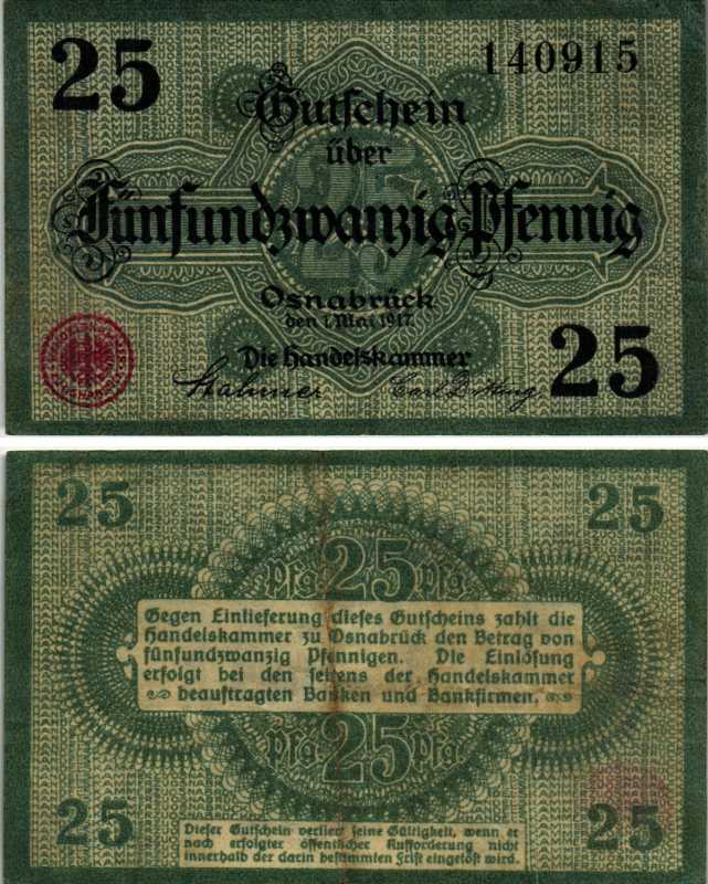 ОСНАБРЮК 25 ПФЕННИГОВ 1917 1 МАЯ 1917, НОТГЕЛЬД, ЗЕМЛЯ НИЖНЯЯ САКСОНИЯ Keller О26.1с бумага 6318-9-1-2