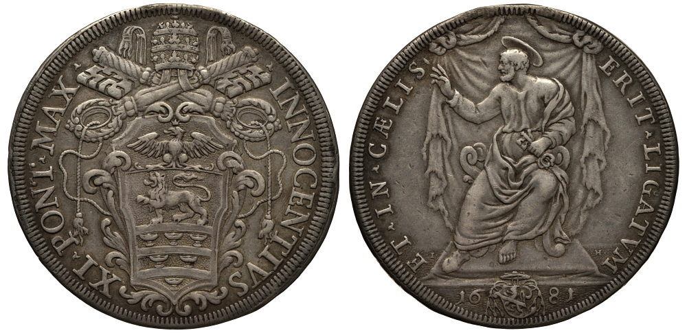 Ватикан 1 пиастр 1681 Иннокентий XII, Святой Петр Dav. 4090, Muntoni 32 серебро 00-000-00