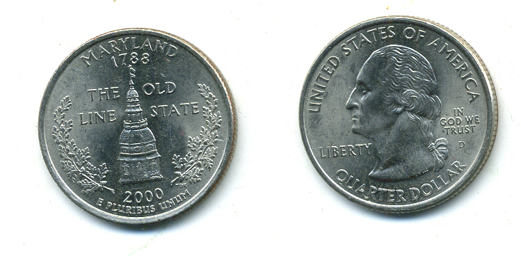 США 25 центов = квотер 2000 D, серия штаты США, Мэриленд KM 306 медь плакированная медно-никелем 4388-757