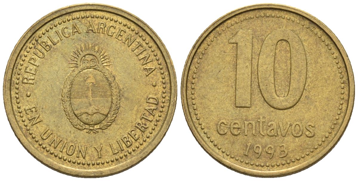 Аргентина 10 сентаво 1993 KM 107, CJ 3, Schon 110 алюминиевая бронза 4609-1249
