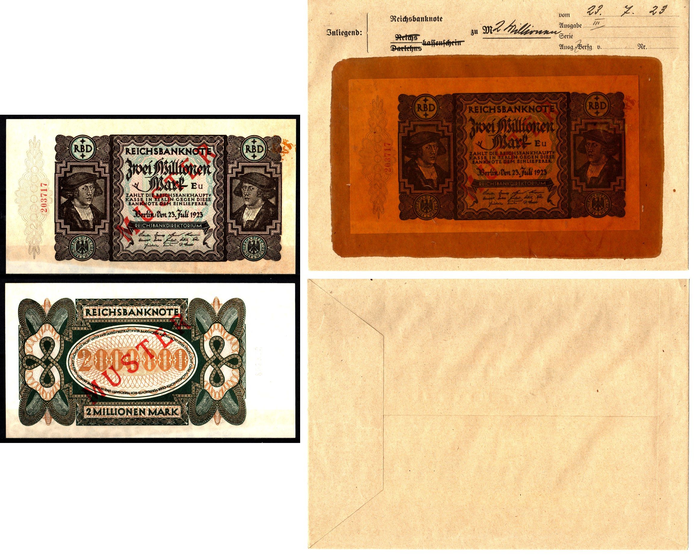 Германия 2000000 марок 1923 23 июля, MUSTER, образец, Specimen. В оригинальном банковском конверте. Из коллекции Отто Сейфферта (помощник Ялмара Шахта - министра экономики Германии и президента Рейхсбанка времен третьего рейха) Pick 89 s, Grabowski DEU 10