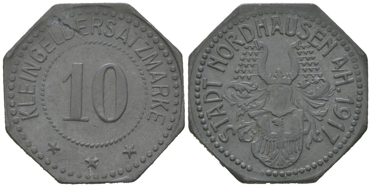 Нордхаузен (Пруссия, Саксония) 10 пфеннингов 1917 Funck 384.2, Men18 23722.2 цинк 4169-1242