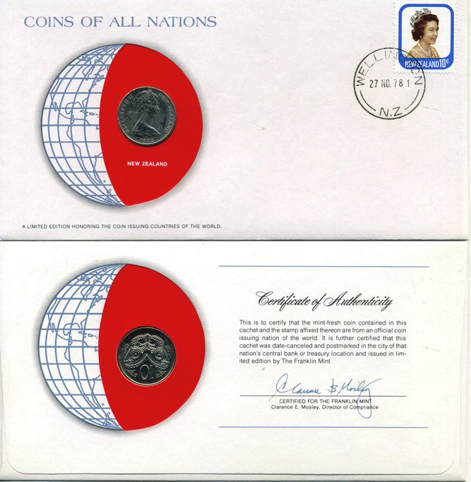 Новая Зеландия 10 центов 1978 Елизавета II (1952-2022), маска маори, монета в конверте с маркой и спецгашением UNC 4294-16-2