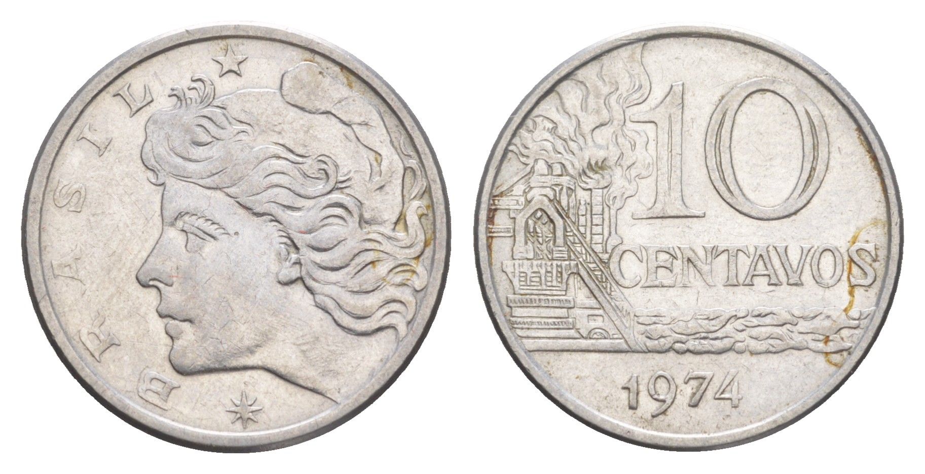 Бразилия 10 сентаво 1974 KM 578.1a нержавеющая сталь UNC 4644-434
