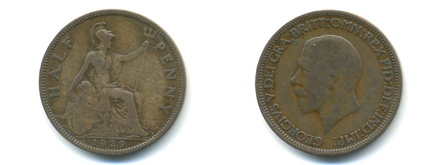 Великобритания 1/2 пенни 1929 Георг V (1910-1936) KM 837 Spink 4058 бронза 89-331