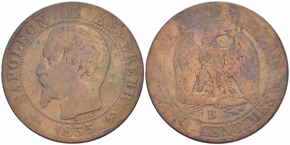 Франция 5 сантимов 1855 B, Наполеон III (1852-1870) KM 777.2, LE FRANC 116.19 бронза 108-314