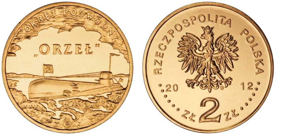 Польша 2 злотых 2012 MW, серия суда польского флота, подводная лодка "Орел" KM 837 нордик UNC M3-16