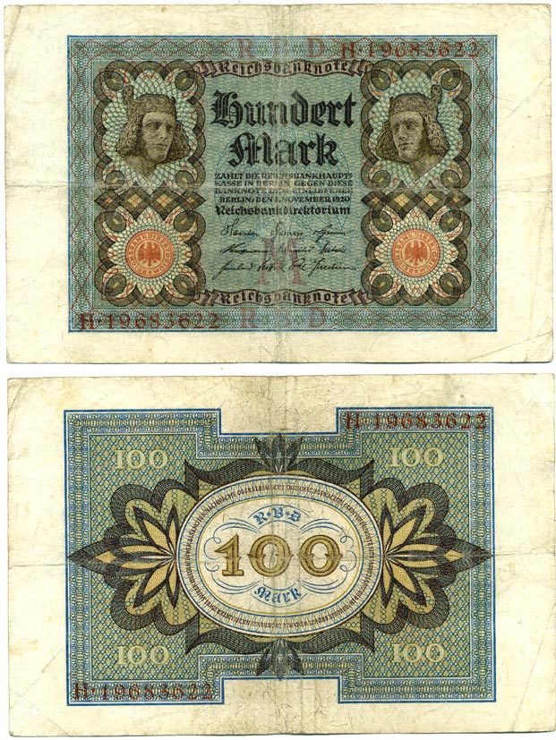 Германия 100 марок 1920 Бамбергский всадник, 8 цифр в номере Pick 69 b, Розенберг 69b бумага 3295-117-3-2