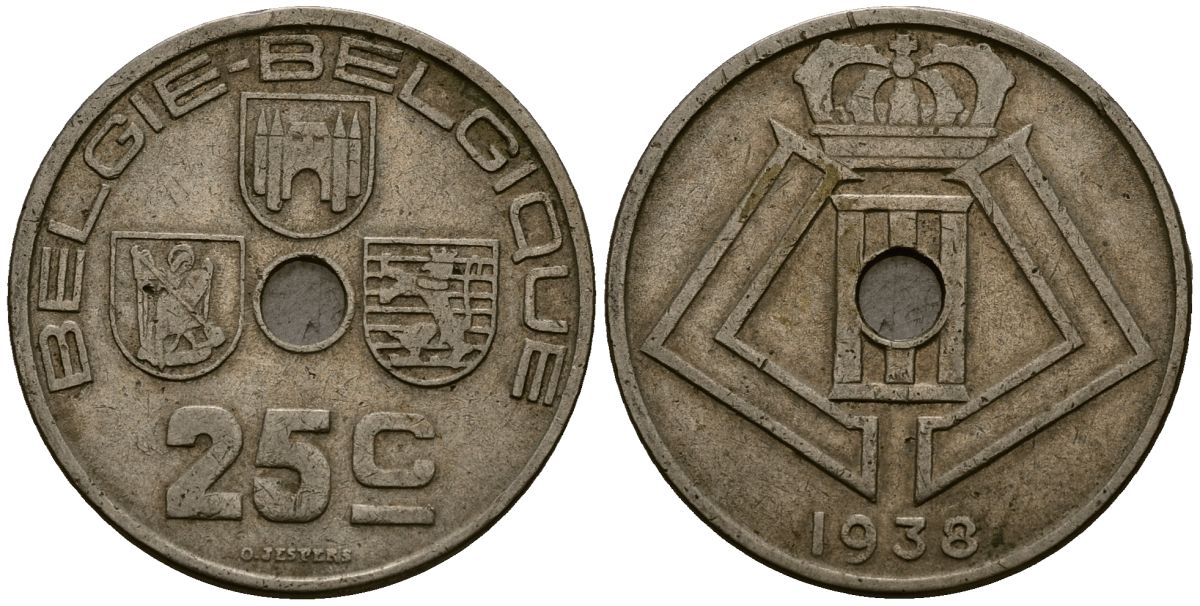 Бельгия 25 сантимов 1938 Belgie - Belgique KM 115 никель латунь 4117-413