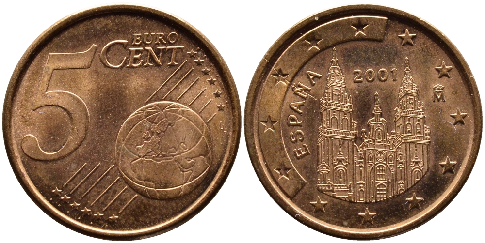 ИСПАНИЯ 5 ЕВРОЦЕНТОВ 2001 KM 1042 сталь плакированная медью 4391-143