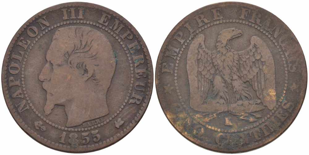 ФРАНЦИЯ 5 САНТИМОВ 1855 K, НАПОЛЕОН III (1852-1870) KM 777.5, LE FRANC 116.25 бронза 108-322
