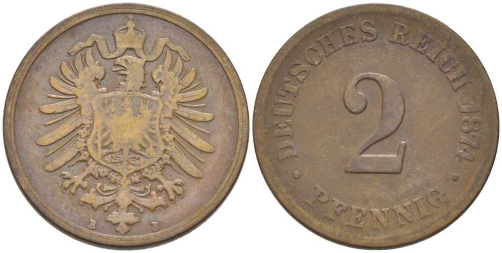 ГЕРМАНИЯ 2 ПФЕННИГА 1874 B, СТАРОГЕРБОВКА KM 2, J. 2, Weege 3 медь 212-455